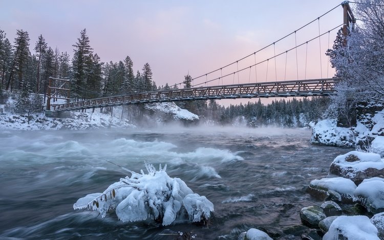 река, снег, природа, зима, мост, лёд, подвесной мост, river, snow, nature, winter, bridge, ice, suspension bridge