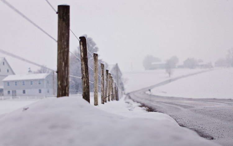 дорога, снег, зима, макро, забор, road, snow, winter, macro, the fence