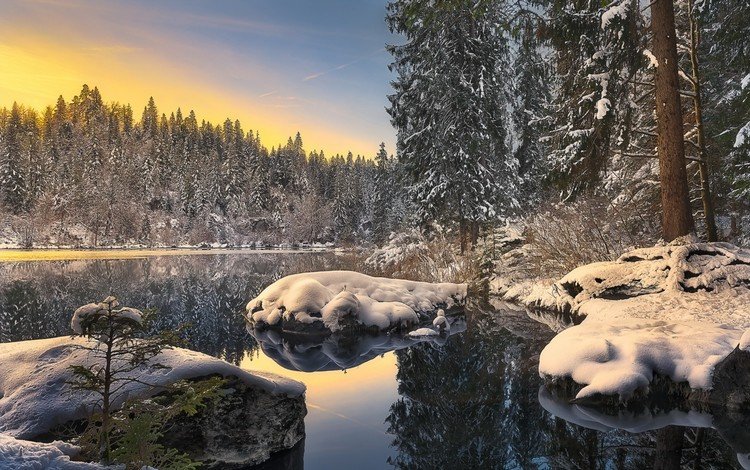 река, снег, природа, лес, зима, отражение, пейзаж, river, snow, nature, forest, winter, reflection, landscape