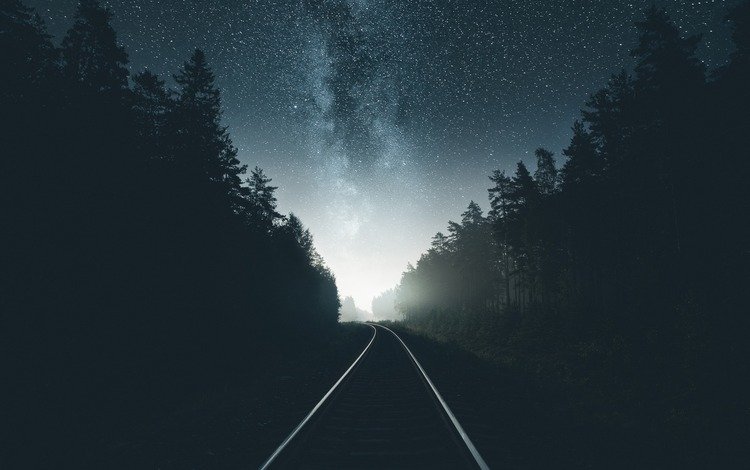 небо, дорога, ночь, лес, звезды, железная, млечный путь, the sky, road, night, forest, stars, iron, the milky way