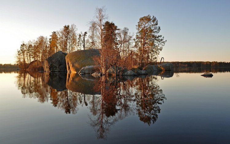 деревья, озеро, камни, отражение, осень, остров, trees, lake, stones, reflection, autumn, island