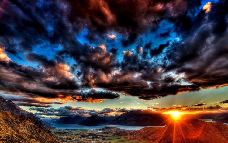 небо, горизонт, свет, долина, облака, река, горы, солнце, закат, тучи, лучи, rays, the sky, horizon, light, valley, clouds, river, mountains, the sun, sunset
