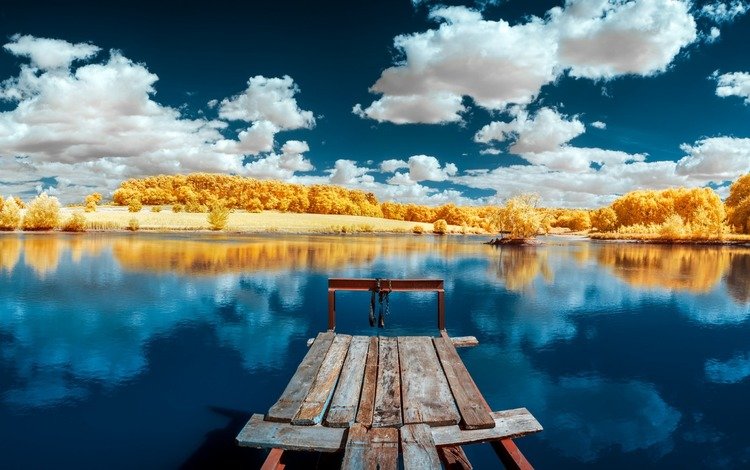 небо, пейзаж, облака, осень, деревья, озеро, природа, мостик, лес, отражение, the sky, landscape, clouds, autumn, trees, lake, nature, the bridge, forest, reflection