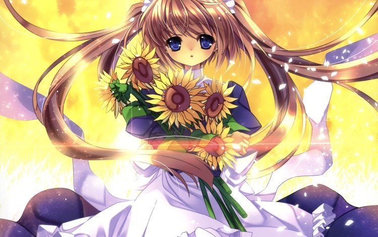 аниме, девочка, подсолнухи, белое платье, anime, girl, sunflowers, white dress