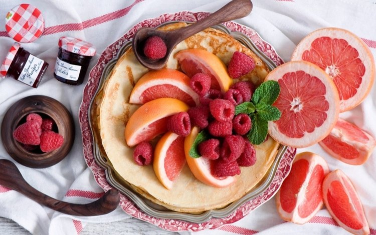 малина, джем, завтрак, блинчики, блины, грейпфрут, raspberry, jam, breakfast, pancakes, grapefruit