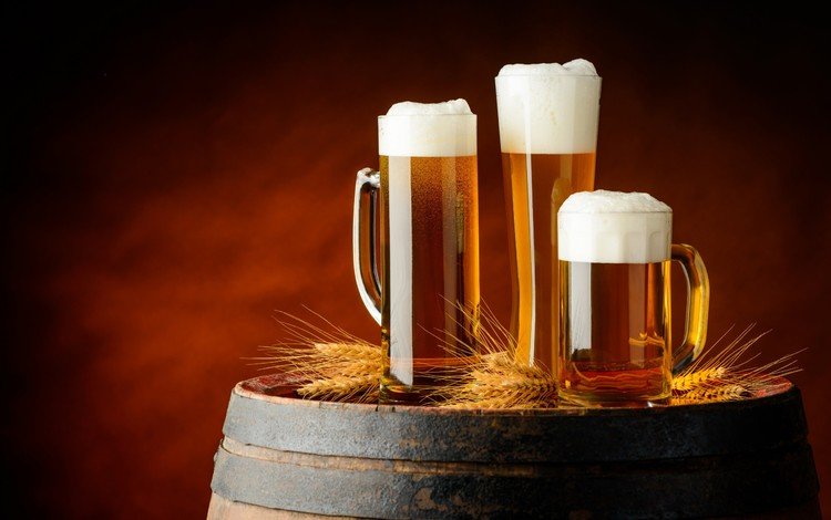 колосья, кружки, пиво, пена, бочка, ears, mugs, beer, foam, barrel
