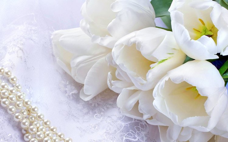 цветы, букет, тюльпаны, белые, ожерелье, жемчуг, flowers, bouquet, tulips, white, necklace, pearl