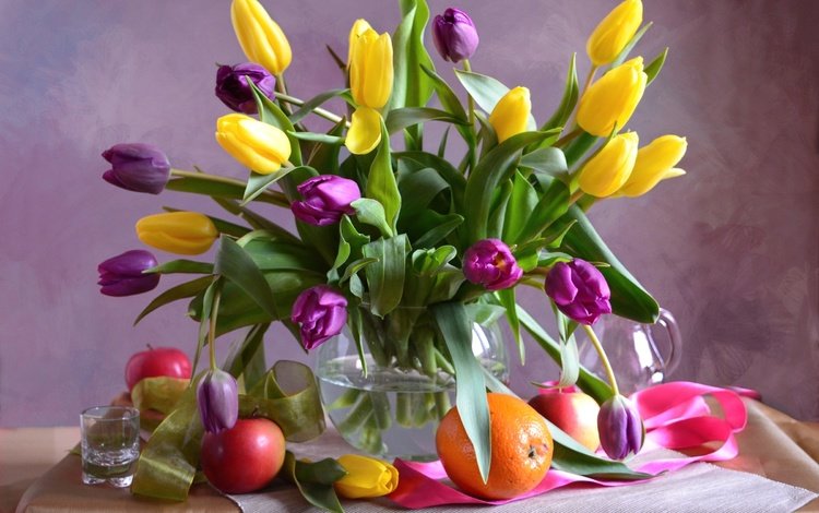 цветы, фрукты, тюльпаны, апельсин, яблоко, ваза, лента, стакан, flowers, fruit, tulips, orange, apple, vase, tape, glass