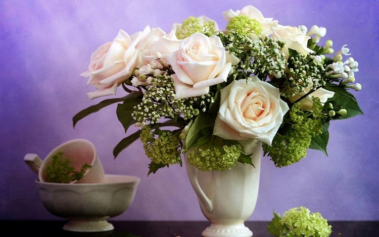 цветы, розы, букет, чашка, ваза, сирень, миска, гортензия, flowers, roses, bouquet, cup, vase, lilac, bowl, hydrangea
