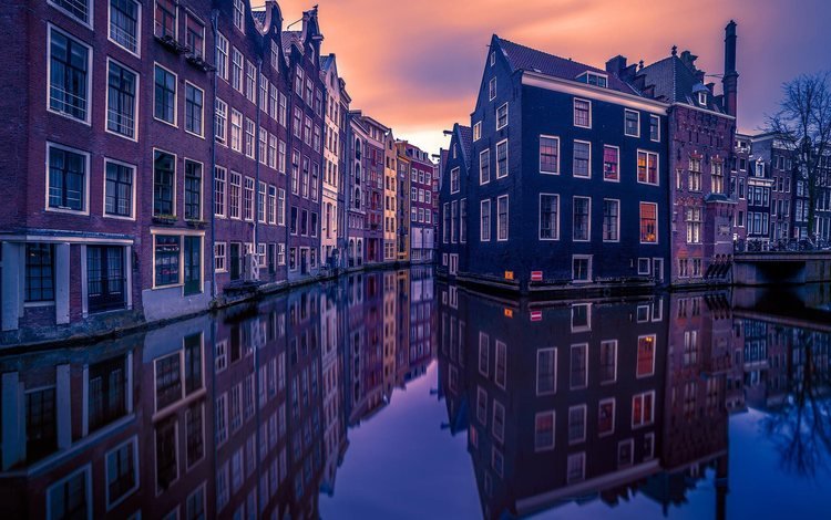 дома, нидерланды, каналы, амстердам, голландия, вечерний город, home, netherlands, channels, amsterdam, holland, evening city