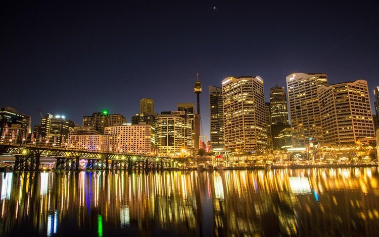 фонари, огни, отражение, город, сидней, австралия, гавань, lights, reflection, the city, sydney, australia, harbour