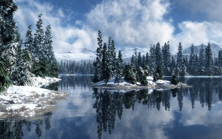 небо, облака, горы, снег, природа, зима, отражение,     деревья, the sky, clouds, mountains, snow, nature, winter, reflection, trees