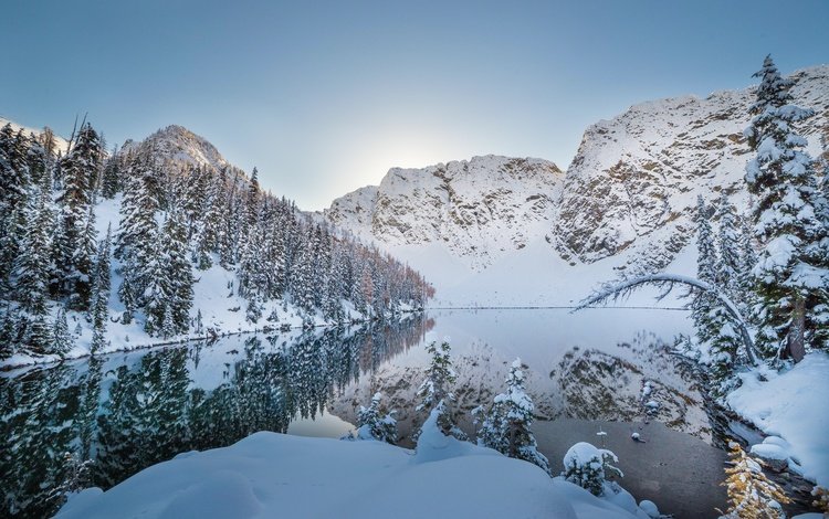 озеро, горы, снег, природа, зима, отражение,     деревья, lake, mountains, snow, nature, winter, reflection, trees