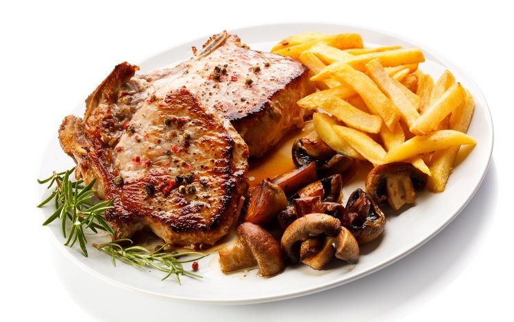 зелень, грибы, мясо, стейк, картофель фри, greens, mushrooms, meat, steak, french fries