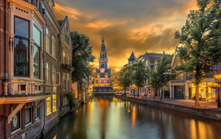 канал, башня, дома, нидерланды, алкмар, channel, tower, home, netherlands, alkmaar