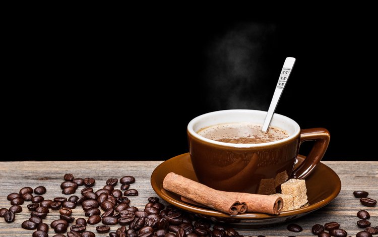 корица, кофе, блюдце, черный фон, чашка, кофейные зерна, сахар, ложка, cinnamon, coffee, saucer, black background, cup, coffee beans, sugar, spoon