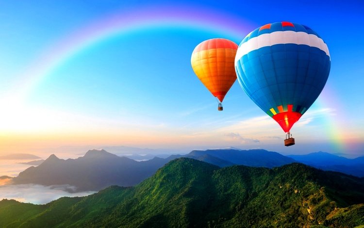 небо, горы, радуга, воздушный шар, the sky, mountains, rainbow, balloon
