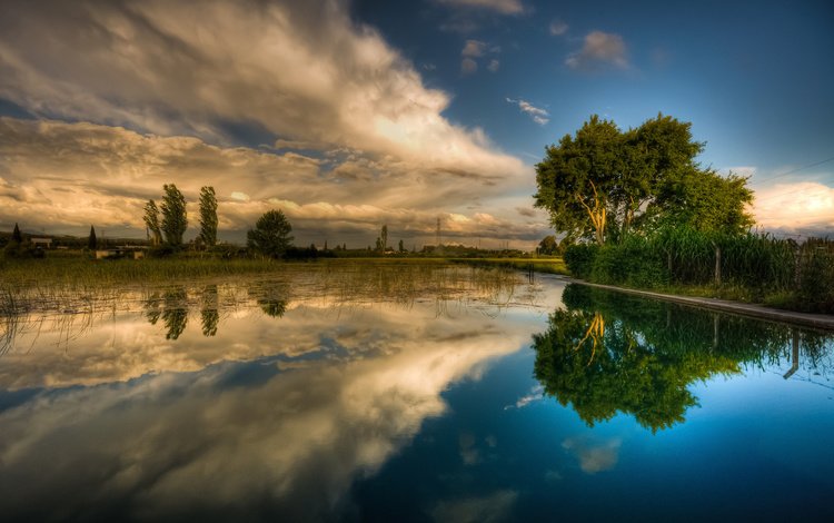 небо, трава, облака, деревья, вода, река, отражение, the sky, grass, clouds, trees, water, river, reflection