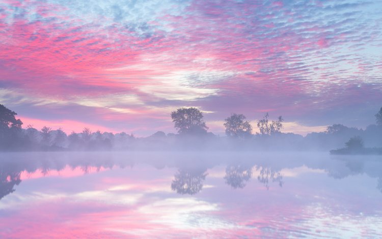 небо, дымка, озеро, нидерланды, река, восход, отражение, утро, туман, осень, the sky, haze, lake, netherlands, river, sunrise, reflection, morning, fog, autumn