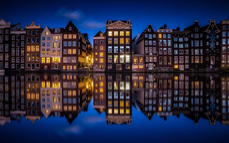 ночь, огни, город, канал, дома, нидерланды, амстердам, голландия, night, lights, the city, channel, home, netherlands, amsterdam, holland