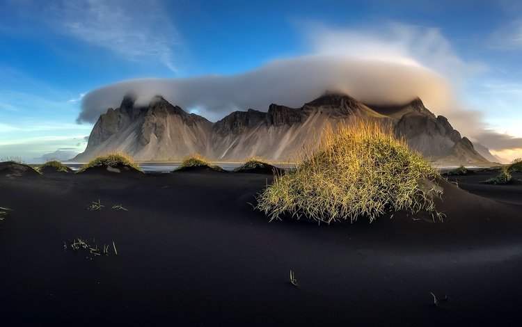 небо, облака, горы, исландия, чёрный песок, вулканический песок, the sky, clouds, mountains, iceland, black sand, volcanic sand