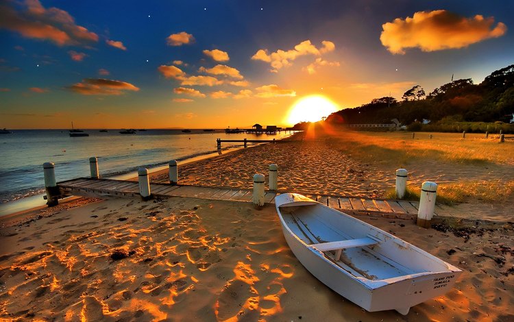 лодка, небо, залив, облака, солнечный свет, вода, солнце, закат, море, песок, пляж, boat, the sky, bay, clouds, sunlight, water, the sun, sunset, sea, sand, beach