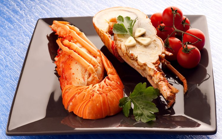 листья, тарелка, помидоры, чеснок, морепродукты, омар, лобстер, leaves, plate, tomatoes, garlic, seafood, omar, lobster