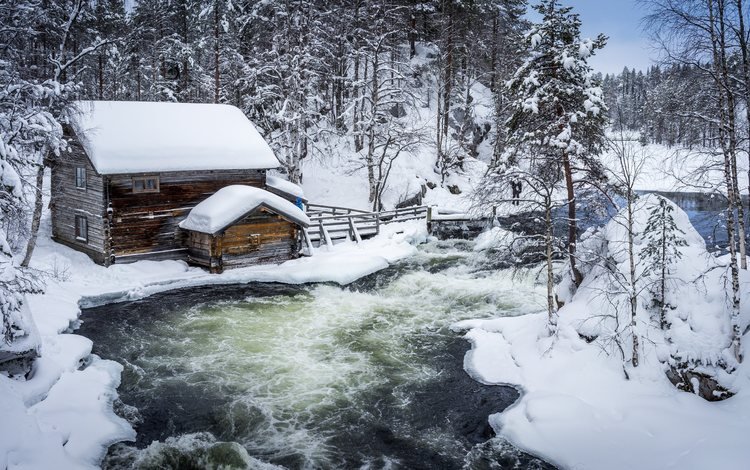 деревья, река, снег, зима, сугробы, хижина, финляндия, trees, river, snow, winter, the snow, hut, finland
