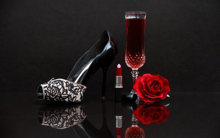 роза, бокал, вино, туфли, помада, rose, glass, wine, shoes, lipstick