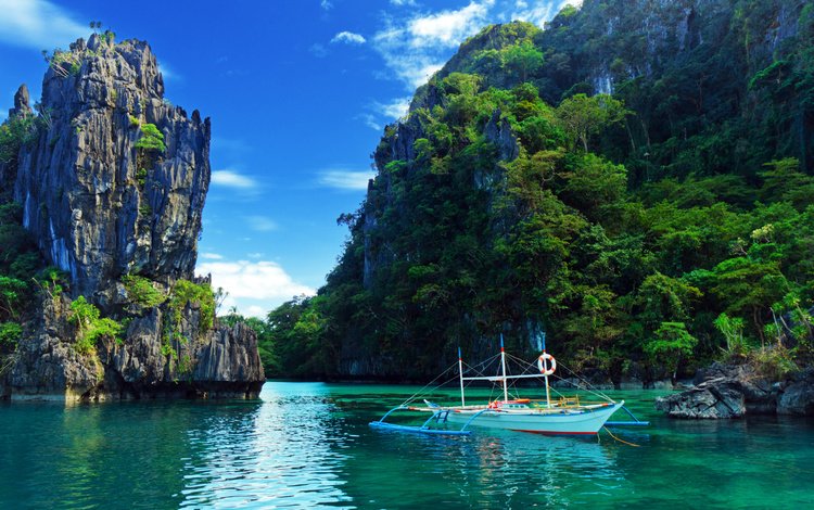 скалы, природа, море, катер, филипины,     деревья, rocks, nature, sea, boat, philippines, trees