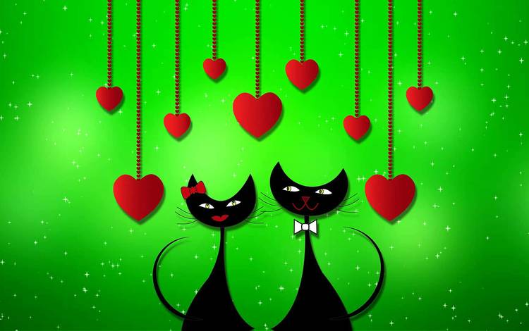 взгляд, сердце, коты, кошки, сердечки, зеленый фон, мордочки, влюбленные, look, heart, cats, hearts, green background, faces, lovers