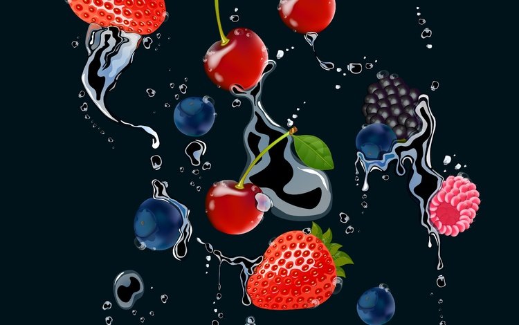 вода, клубника, брызги, вишня, черника, water, strawberry, squirt, cherry, blueberries