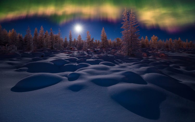 вечер, снег, природа, зима, луна, северное сияние, the evening, snow, nature, winter, the moon, northern lights