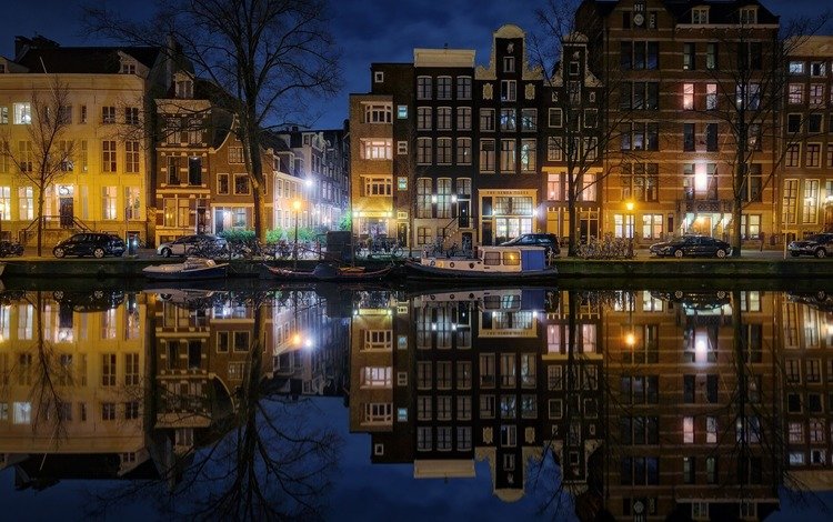 ночь, огни, отражение, город, нидерланды, амстердам, night, lights, reflection, the city, netherlands, amsterdam