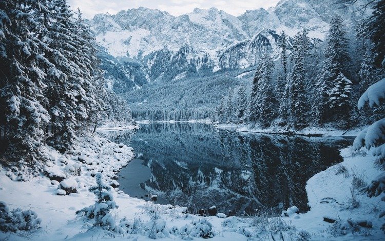 озеро, горы, снег, природа, лес, зима, lake, mountains, snow, nature, forest, winter