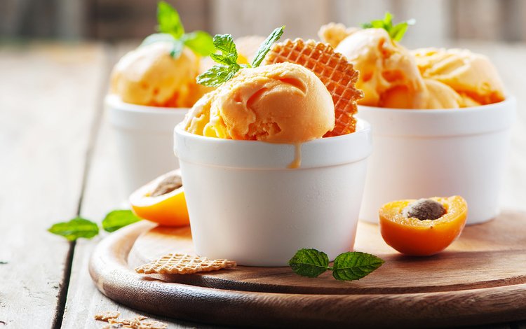 мята, мороженое, абрикос, персики, сладкое, десерт, вафли, mint, ice cream, apricot, peaches, sweet, dessert, waffles