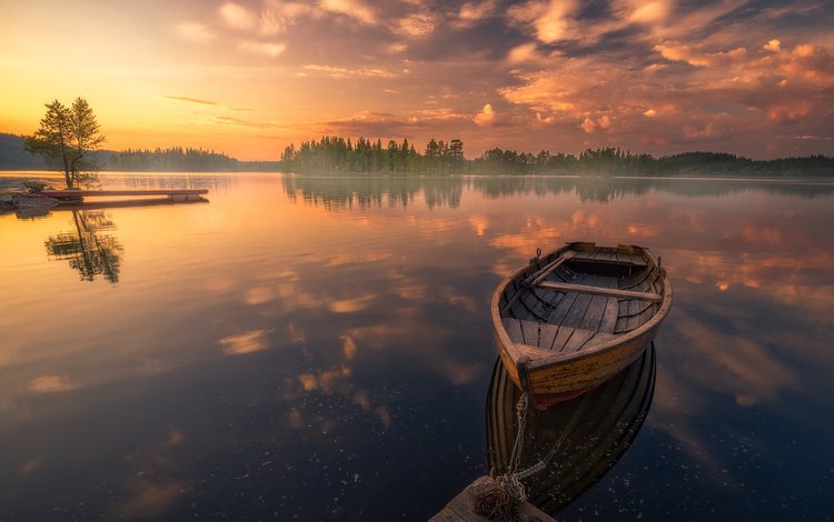 озеро, закат, отражение, пейзаж, лодка, lake, sunset, reflection, landscape, boat