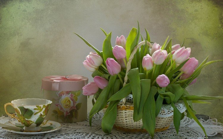 цветы, букет, тюльпаны, подарок, корзинка, натюрморт, композиция, flowers, bouquet, tulips, gift, basket, still life, composition