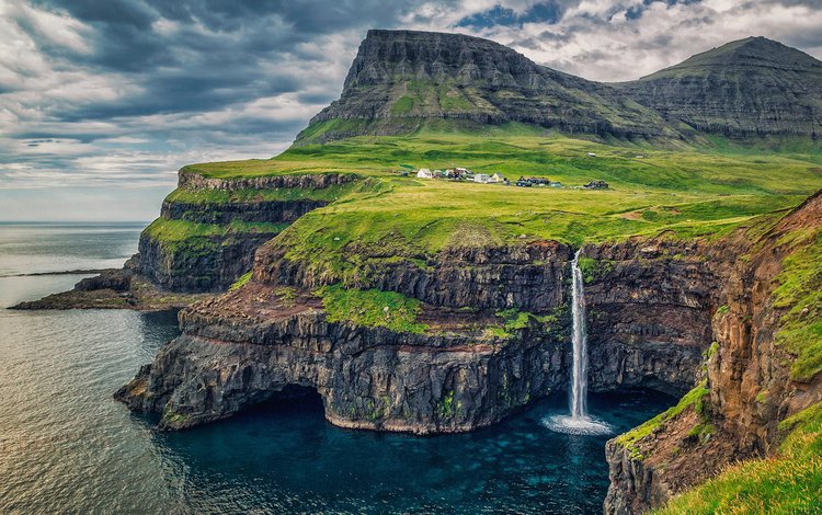 скалы, природа, море, водопад, фарерские острова, дания, паксмурно, rocks, nature, sea, waterfall, faroe islands, denmark, pasmurno