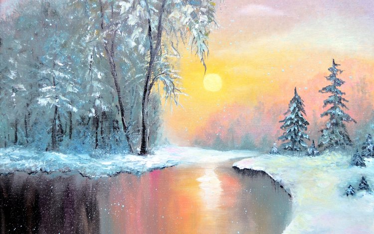 арт, озеро, закат, зима, пейзаж, живопись, art, lake, sunset, winter, landscape, painting