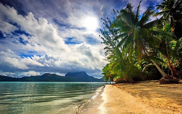 облака, французская полинезия, природа, море, пляж, пальмы, остров, тропики, бора-бора, clouds, french polynesia, nature, sea, beach, palm trees, island, tropics, bora bora