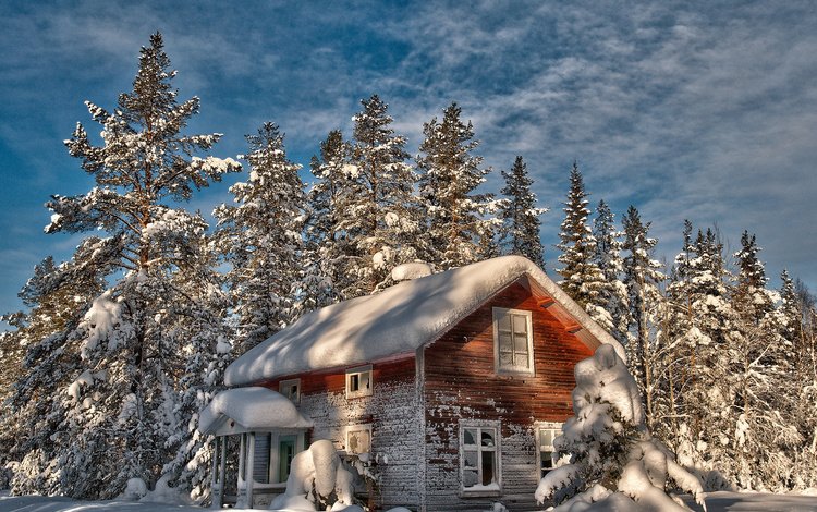 небо, деревья, снег, зима, домик, the sky, trees, snow, winter, house