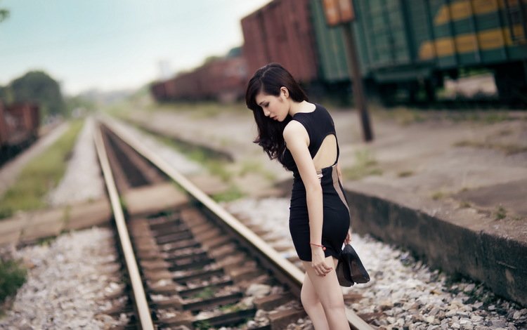 железная дорога, рельсы, девушка, брюнетка, профиль, азиатка, черное платье, railroad, rails, girl, brunette, profile, asian, black dress
