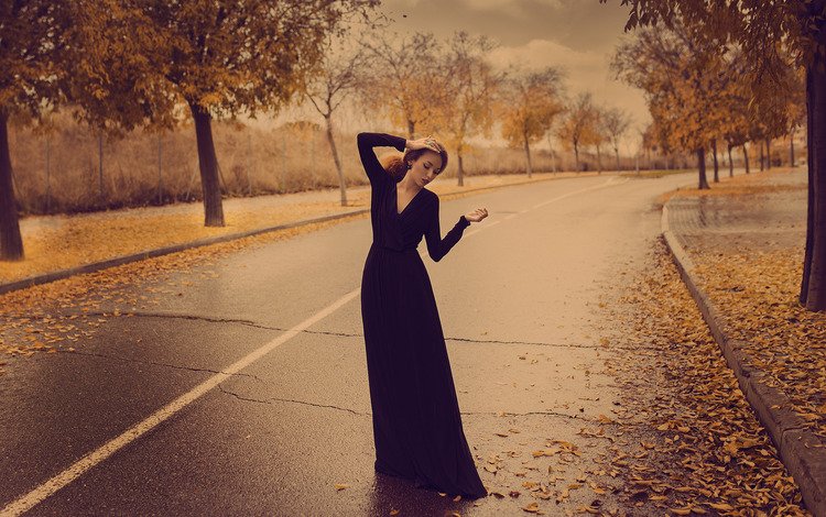 дорога, листья, девушка, осень, волосы, черное платье, mara saiz, road, leaves, girl, autumn, hair, black dress