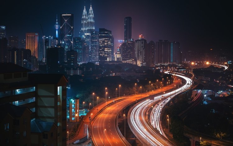 огни, небоскребы, дороги, малайзия, куала-лумпур, lights, skyscrapers, road, malaysia, kuala lumpur