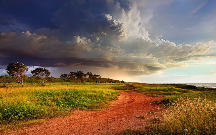 небо, погода, дорога, берегу, облака, деревья, природа, австралия, шторм, циклон, the sky, weather, road, shore, clouds, trees, nature, australia, storm, cyclone