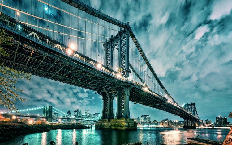 облака, бруклинский мост, огни, вода, мост, небоскребы, сша, нью-йорк, манхэттен, clouds, brooklyn bridge, lights, water, bridge, skyscrapers, usa, new york, manhattan