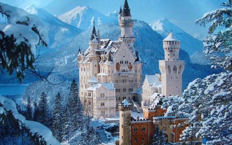 зима, замок, башня, германия, нойшванштайн, бавария, winter, castle, tower, germany, neuschwanstein, bayern