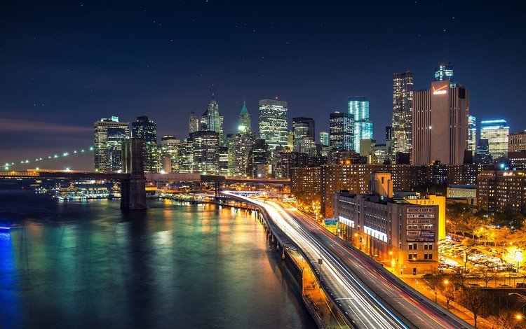 ночь, мост, город, сша, нью-йорк, здания, манхэттен, бруклинский мост, night, bridge, the city, usa, new york, building, manhattan, brooklyn bridge