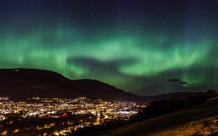 ночь, огни, природа, звезды, город, северное сияние, night, lights, nature, stars, the city, northern lights